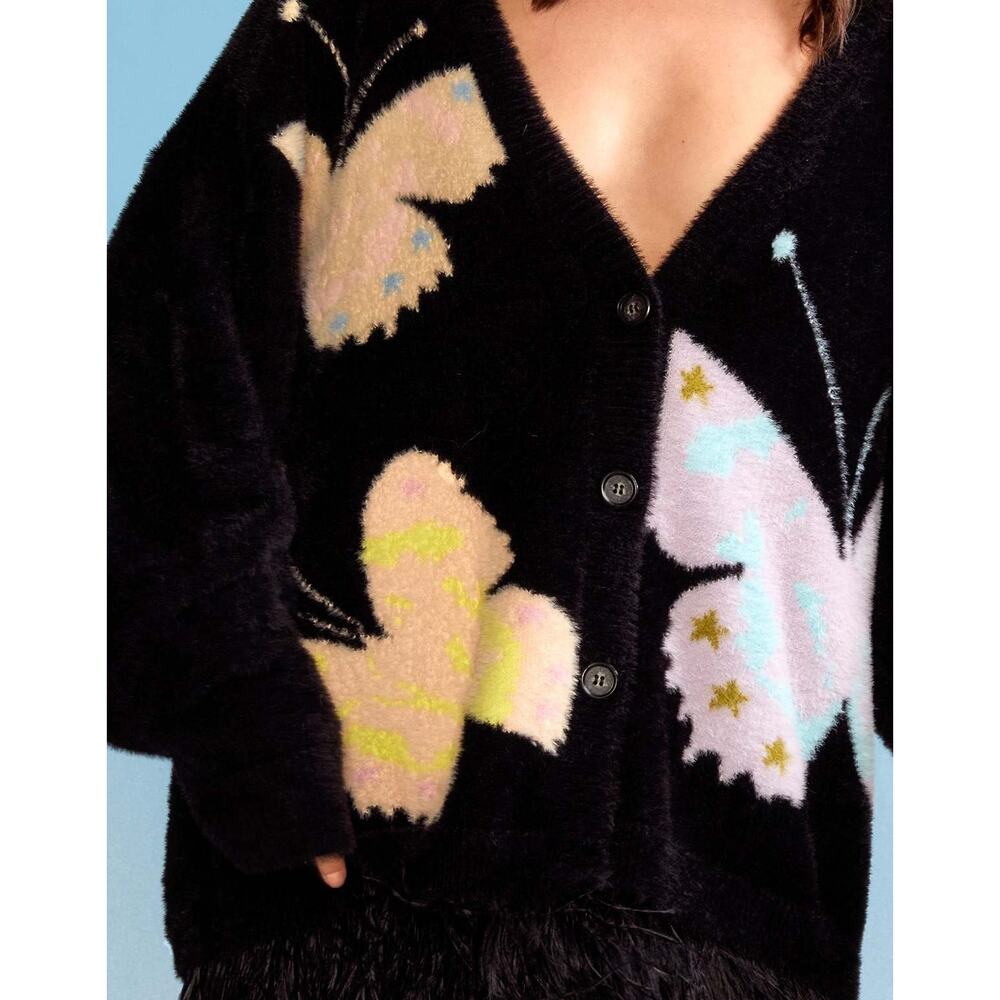 Cynthia Rowley Black Fuzzy Y2K Long Sleeve Multicolored Butterfly Cardigan M - Picture 3 of 8